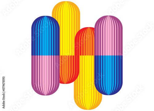 Vector pattern in the form of colored striped capsules from lines on a white background. Design element. Bright vector background. Pharmacy, medicines, pills