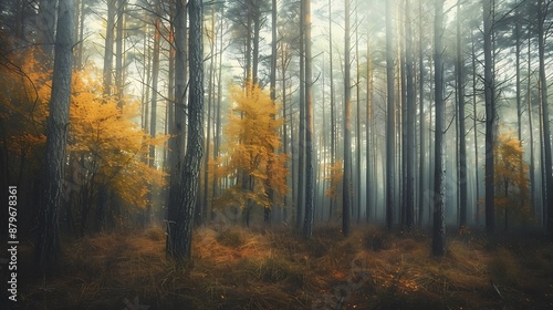 A dreamlike portrayal of slender trees during autumn captured in a pictorialism art style evoking a serene and ethereal atmosphere : Generative AI © The Little Hut