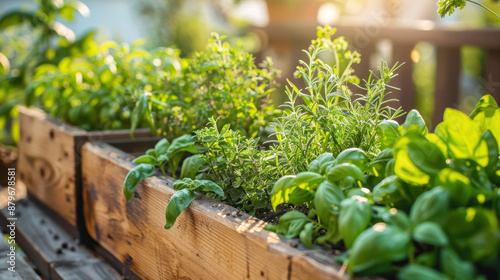 Close-up of wooden planter box with thriving herbs and green leaves in a sunlit garden © M