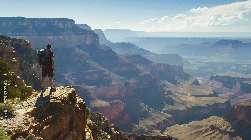 Young hiker is standing on a steep cliff taking in the amazing view over famous Grand Canyon on a beautiful sunny day with blue sky in summer Grand Canyon National Park Arizona USA : Generative AI Young hiker is standing on a steep cliff taking in the amazing view over famous Grand Canyon on a beautiful sunny day with blue sky in summer Grand Canyon National Park Arizona USA : Generative AI