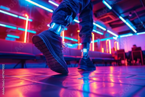 A person wearing a pair of shoes with a strap on their ankle is walking in a neon room