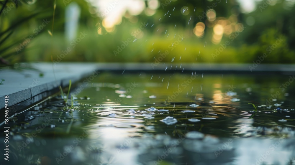 Fototapeta premium Raindrops on Water in Lush Garden