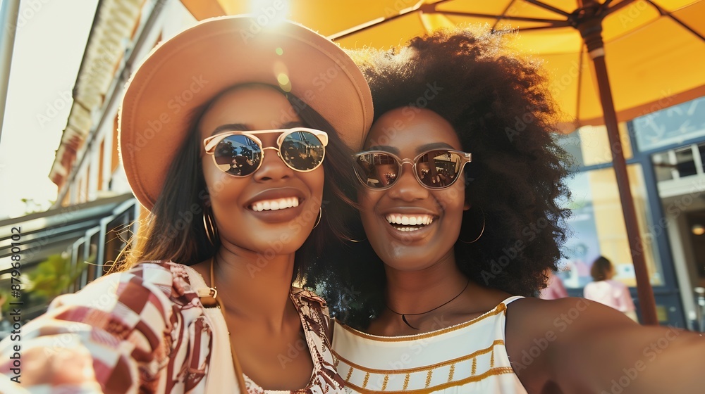 Two beautiful smiling african american women taking selfie while standing outdoors near food court on sunny day : Generative AI Two beautiful smiling african american women taking selfie while standing outdoors near food court on sunny day : Generative AI