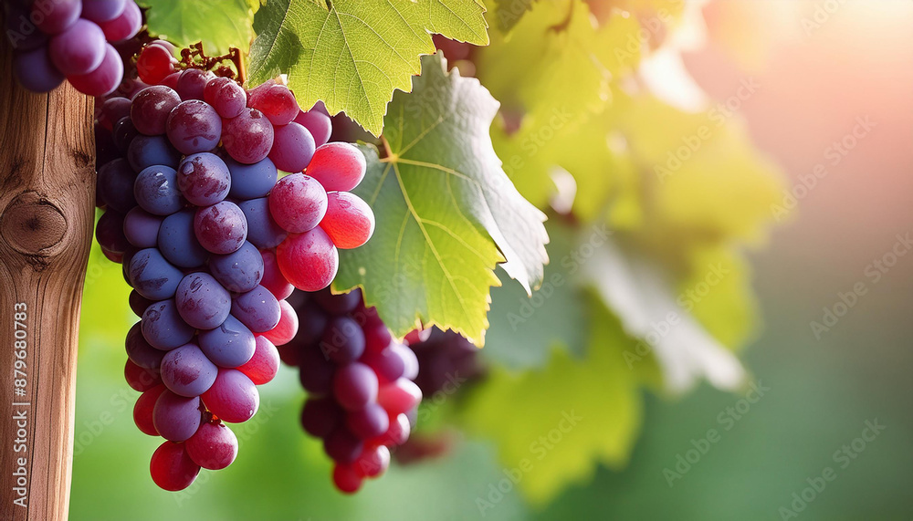 Red Grapes with Green Leaves on the Vine. Creative banner. Copyspace Red Grapes with Green Leaves on the Vine. Creative banner. Copyspace