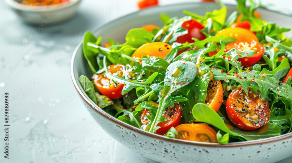 Fresh arugula and cherry tomato salad with vinaigrette in ceramic bowl, close-up Fresh arugula and cherry tomato salad with vinaigrette in ceramic bowl, close-up