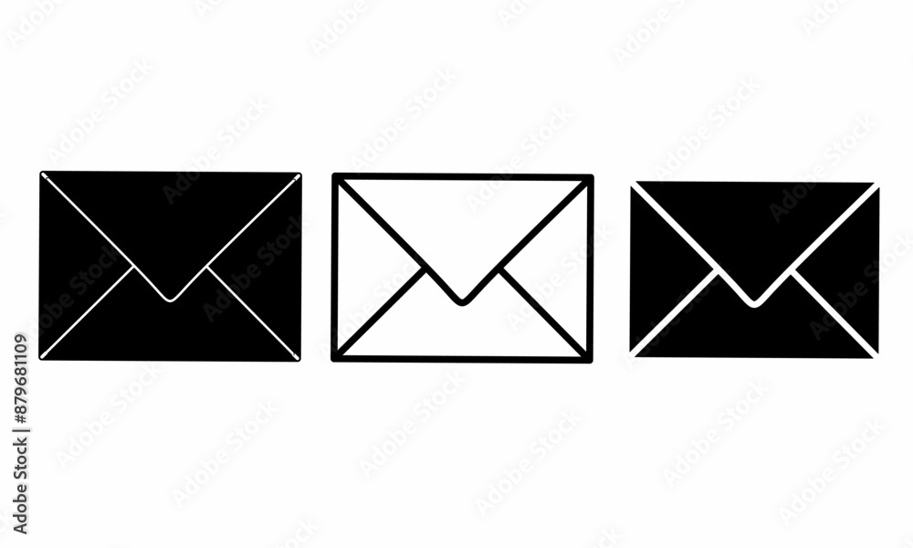 black and white message icon. three envelope logo vector on white background.