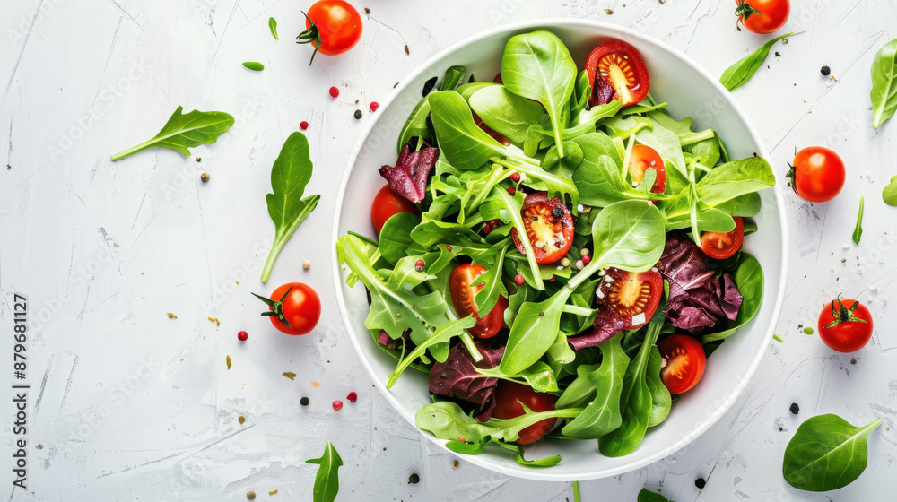 Fresh mixed green salad with cherry tomatoes in a white bowl on a white background Fresh mixed green salad with cherry tomatoes in a white bowl on a white background