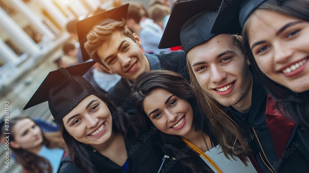 Fototapeta premium Our parents are so proud of us Shot of a group of cheerful university students on graduation day : Generative AI