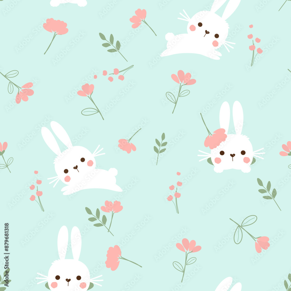 Seamless pattern with jumping rabbit, bunny in the hole and pink flower on green background vector. Seamless pattern with jumping rabbit, bunny in the hole and pink flower on green background vector.