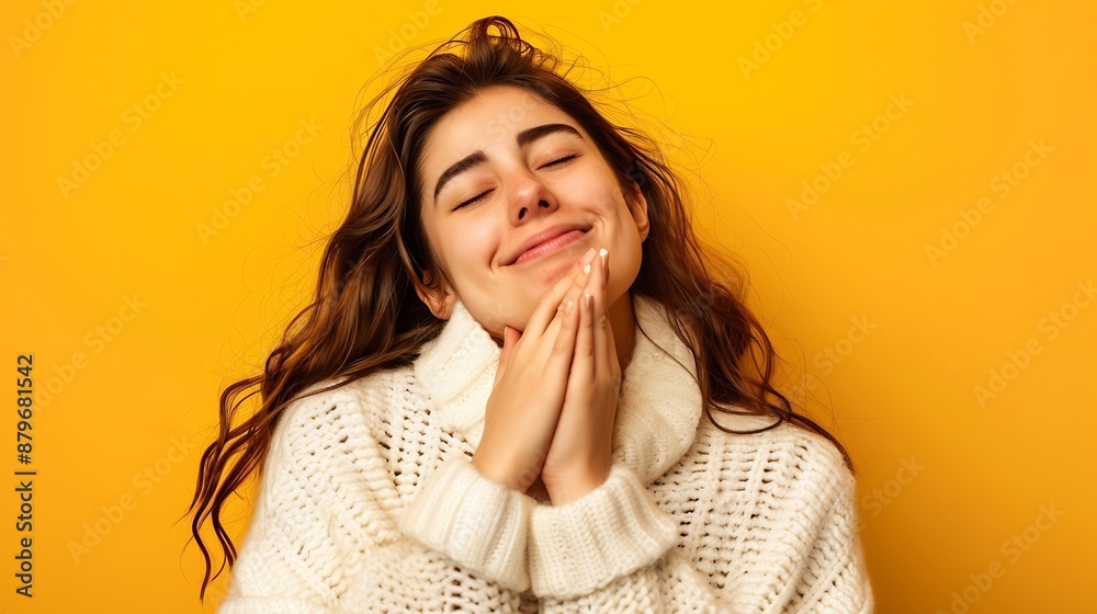 Young caucasian woman wearing white sweater over yellow background smiling with hands on chest with closed eyes and grateful gesture on face health concept : Generative AI