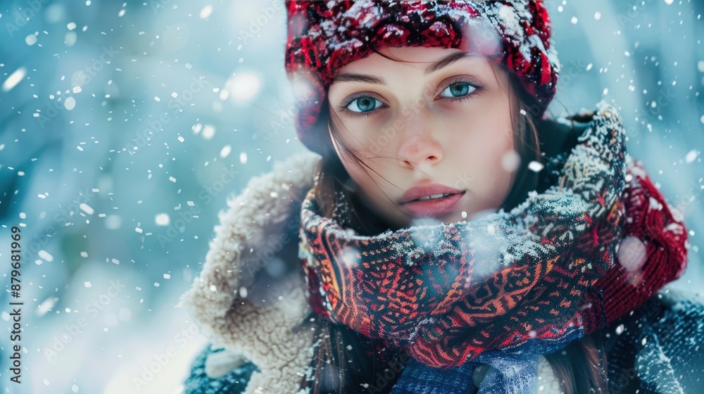 A young woman in a red beanie and scarf looks out at the falling snow, her expression thoughtful and serene. A young woman in a red beanie and scarf looks out at the falling snow, her expression thoughtful and serene.