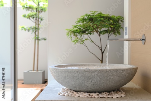 A large stone basin with a tree in the background © TEERAPAT