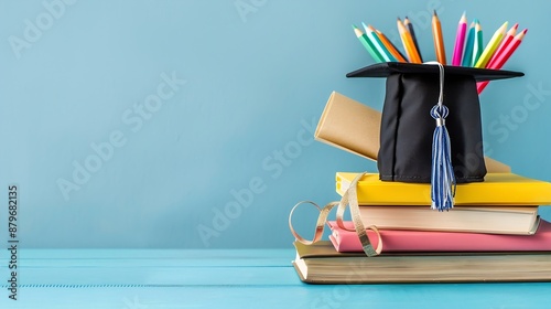 Graduation dayA mortarboard and graduation scroll on stack of books with pencils color in a pencil case on blue backgroundEducation learning concept : Generative AI photo