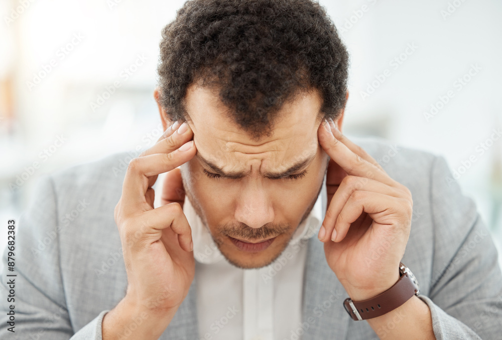 Office, business man and headache of stress, anxiety and pressure of deadline for corporate project. Male consultant, burnout or migraine for lack of time management, planning and overwhelmed for job Office, business man and headache of stress, anxiety and pressure of deadline for corporate project. Male consultant, burnout or migraine for lack of time management, planning and overwhelmed for job