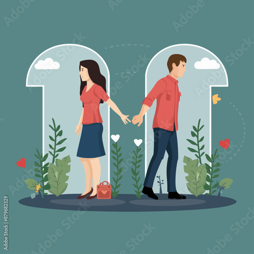 Couple is separated by obstacles and invisible barriers. Family reunification and migration policy concept. Vector illustration