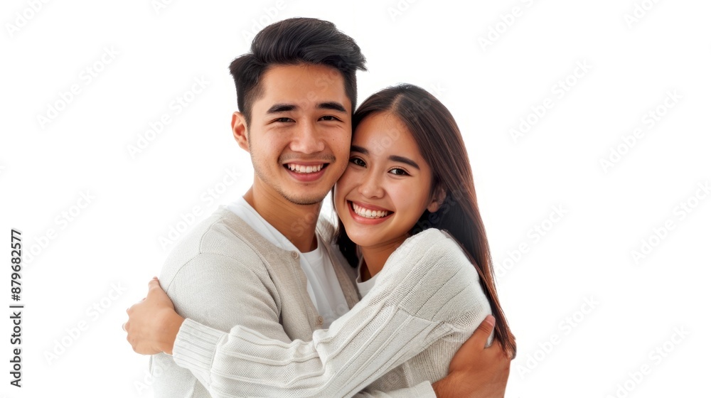 Smiling couple hugging each other. Studio shot of a happy young couple in casual sweaters. White background portrait showcasing love and togetherness. AI Smiling couple hugging each other. Studio shot of a happy young couple in casual sweaters. White background portrait showcasing love and togetherness. AI