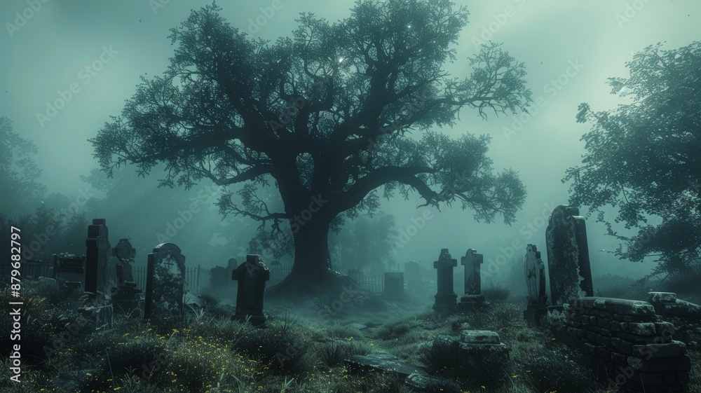 A spooky Halloween postcard depicting a foggy graveyard with ghostly figures A spooky Halloween postcard depicting a foggy graveyard with ghostly figures