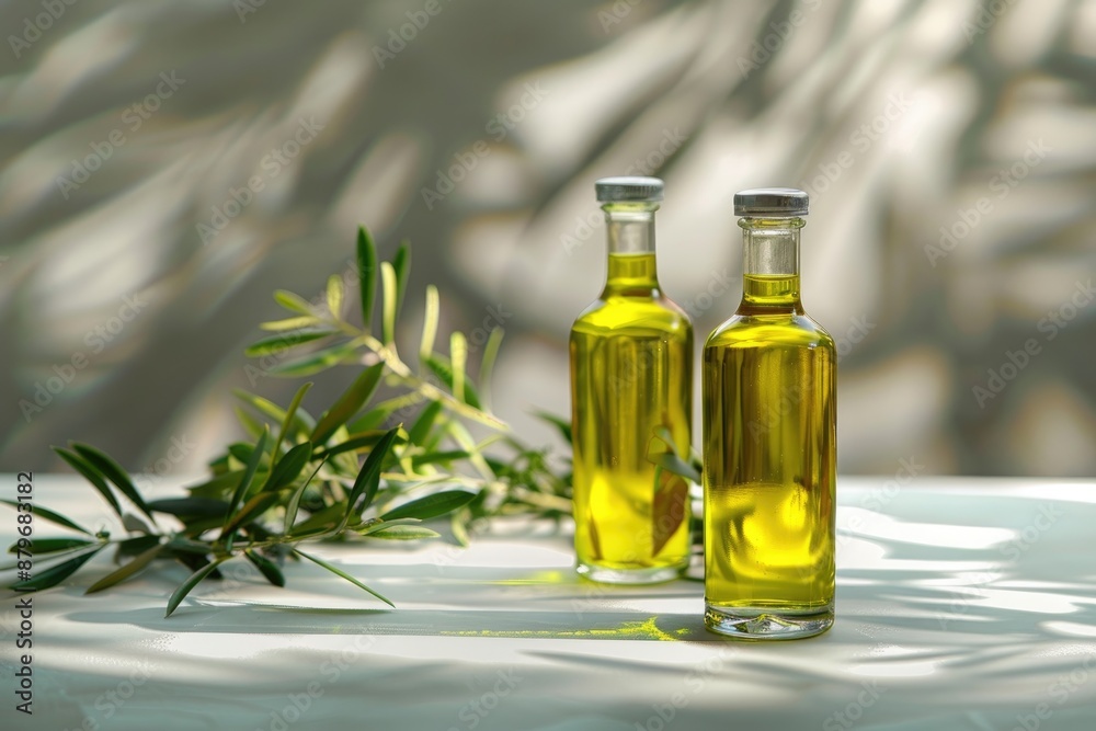 Olive Oil Bottles with Olive Branch on Sunlit Table - Natural and Organic Olive Oil Bottles with Olive Branch on Sunlit Table - Natural and Organic