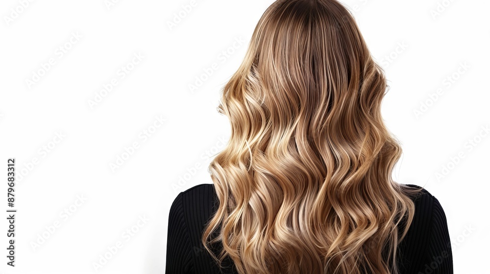 Back view of a woman with long wavy blonde hair Back view of a woman with long wavy blonde hair