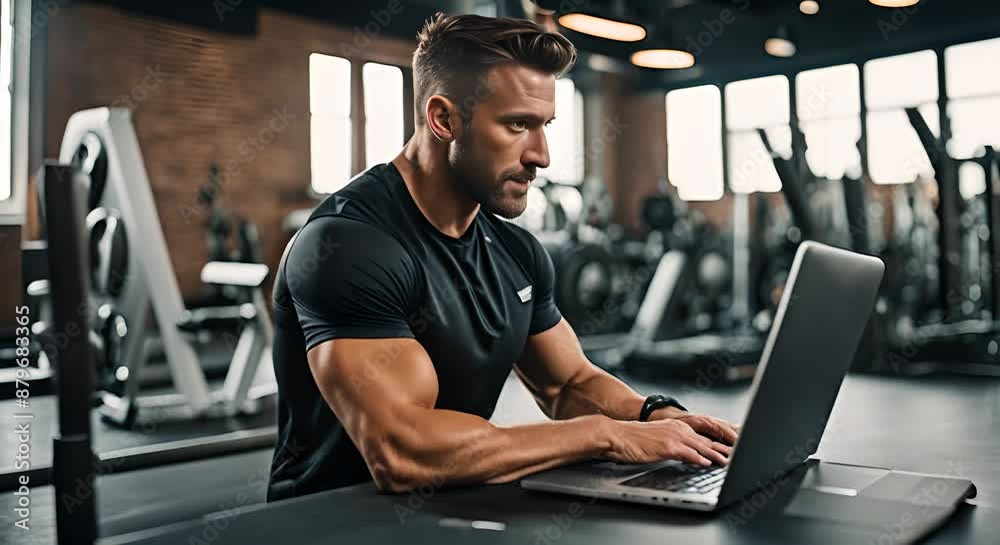 Personal trainer using laptop at the gym. Personal trainer using laptop at the gym.