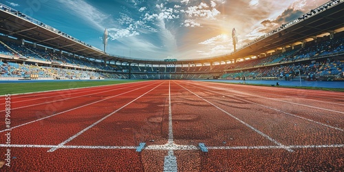 Fototapeta Naklejka Na Ścianę i Meble -  Sunset at empty track and field stadium with clear skies