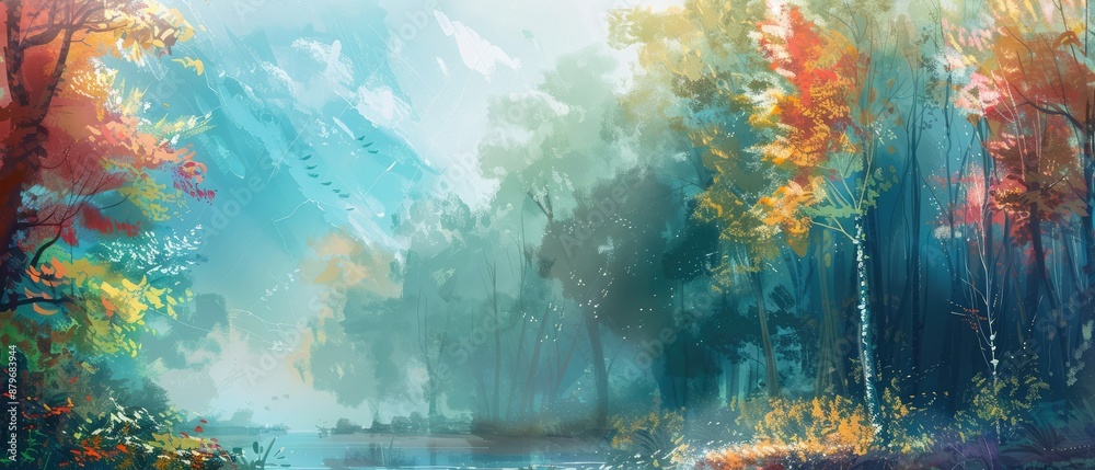 Obraz premium forest landscape painting features a tender and dreamy design, ideal for nature-themed and artistic backgrounds