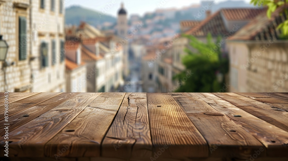 Rustic wooden table in a charming European street view. Blurred background of an ancient city enhances the warm and inviting atmosphere of the table. Rustic wooden table in a charming European street view. Blurred background of an ancient city enhances the warm and inviting atmosphere of the table.