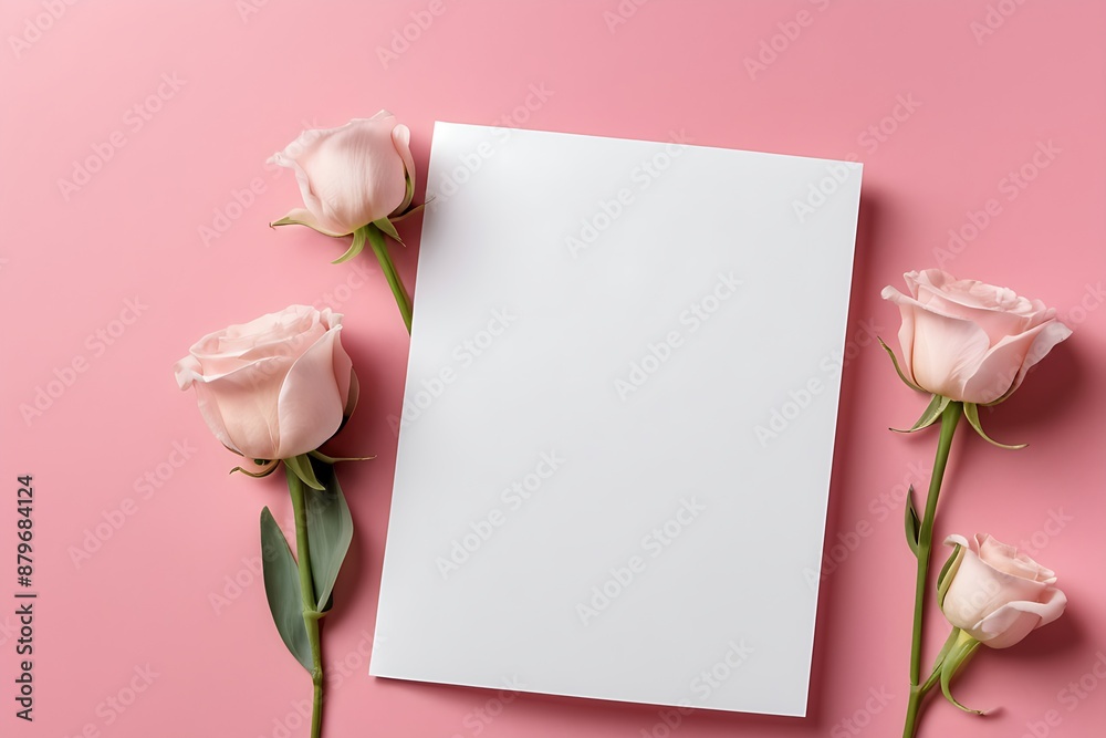 Fototapeta premium Blank greeting card mockup and flowers on pink background. Happy Mother's Day, Birthday, anniversary concept