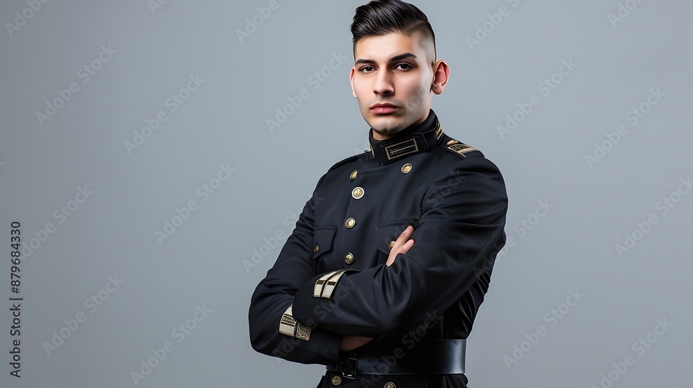 Fototapeta premium Full size fullbody portrait of virile harsh barber in uniform holding arms on waist looking at camera isolated over grey background : Generative AI