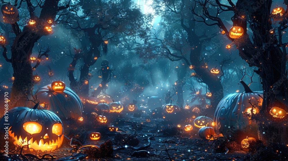 Halloween night in the forest with pumpkins and ghostly creatures, spooky trees. Generative AI. Halloween night in the forest with pumpkins and ghostly creatures, spooky trees. Generative AI.
