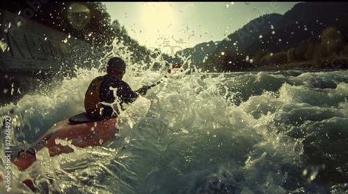 Kayaker braves rough waters amid natural scenery