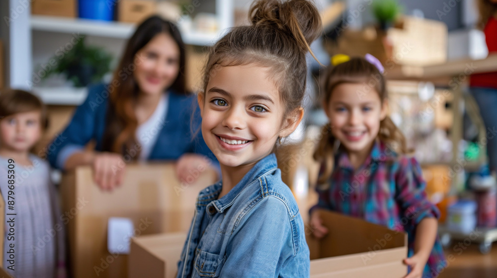 Kids and parents packing donation boxes, focused and cheerful, upper third copy space Kids and parents packing donation boxes, focused and cheerful, upper third copy space