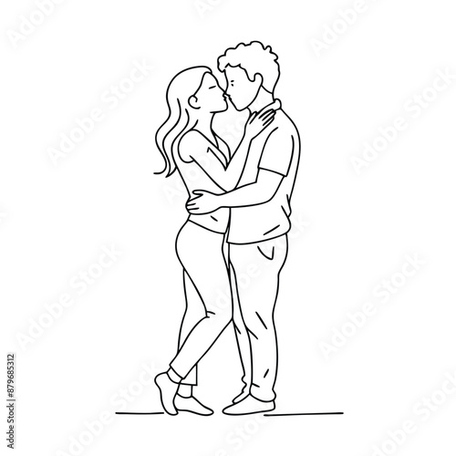 a couple engaging in a warm embrace and kiss, line art vector illustration
