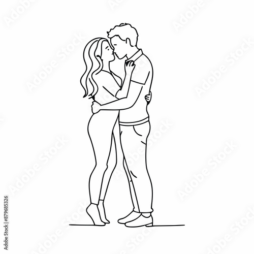 a couple engaging in a warm embrace and kiss, line art vector illustration