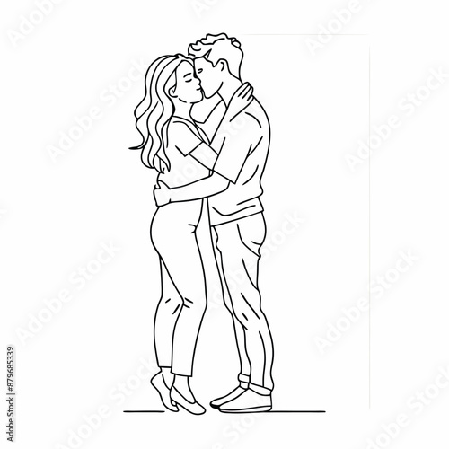 a couple engaging in a warm embrace and kiss, line art vector illustration