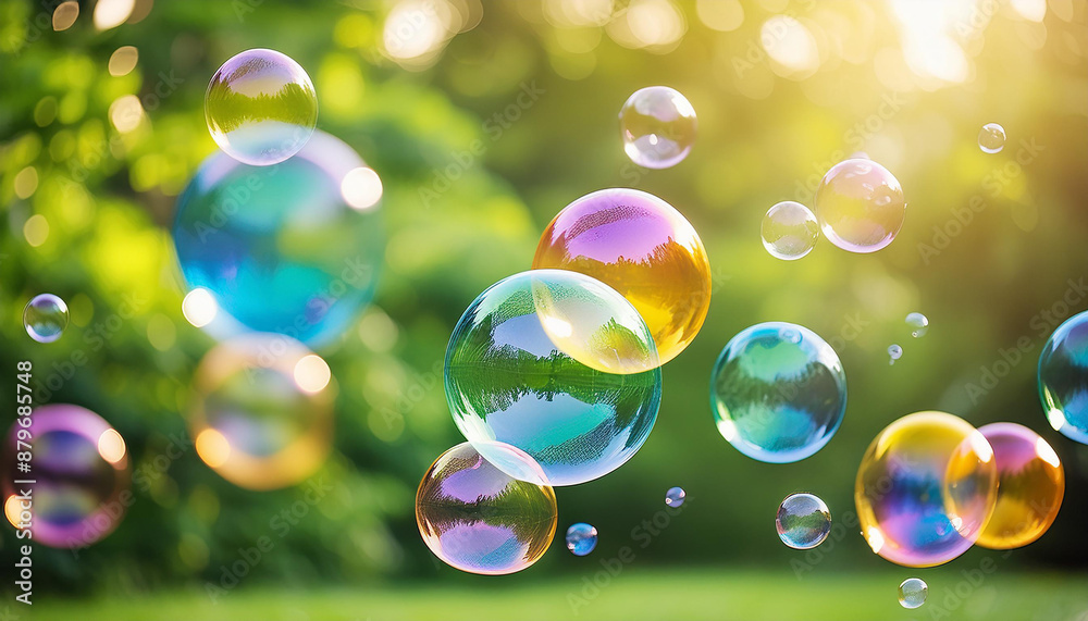 Rainbow soap bubbles floating against blurred green background. Abstract multi-color backdrop. Rainbow soap bubbles floating against blurred green background. Abstract multi-color backdrop.