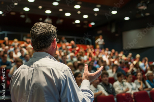 A CEO addressing employees at a company town hall meeting. CEO addressing photo