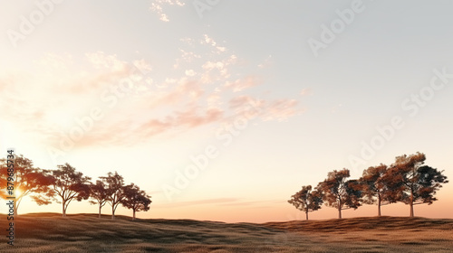 Trees and a landscape with a setting sun in the background 