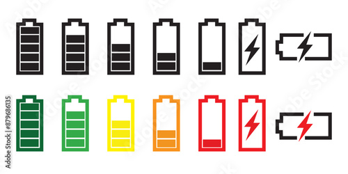 Battery charge many color flat icons. Battery charging, charge indicator. Vector battery power icon powerfully charged. Vector illustration
