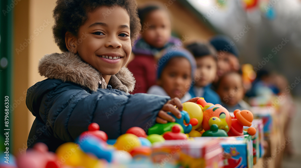 Kids handing out toys in an organized line, joyful and vibrant, bottom third copy space Kids handing out toys in an organized line, joyful and vibrant, bottom third copy space