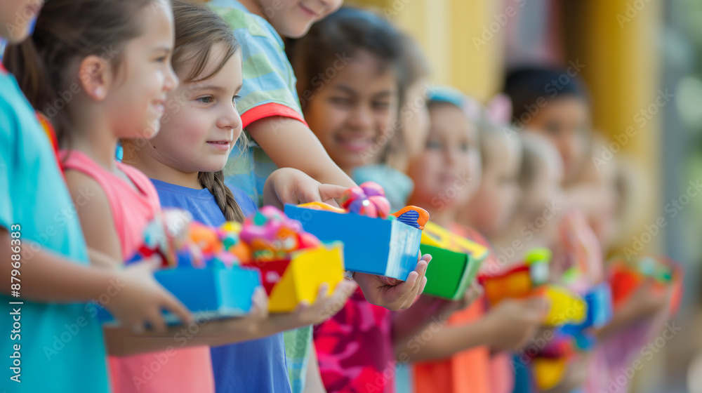 Fototapeta premium Kids handing out toys in an organized line, joyful and vibrant, bottom third copy space