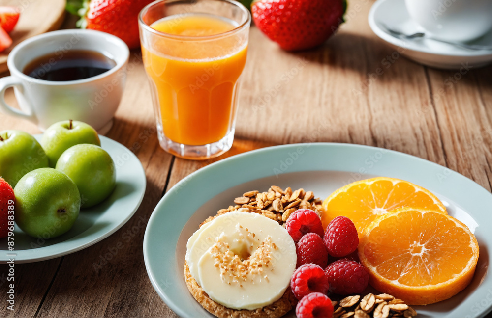 healthy and colourful breakfast served on table with drinks healthy and colourful breakfast served on table with drinks