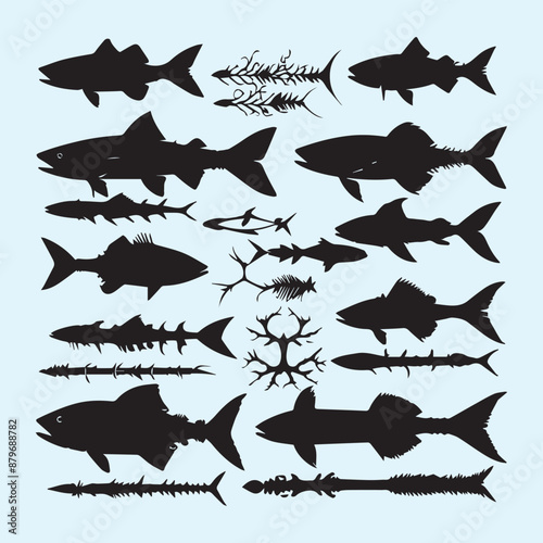 Fish bone line white silhouette icon set Clip art 