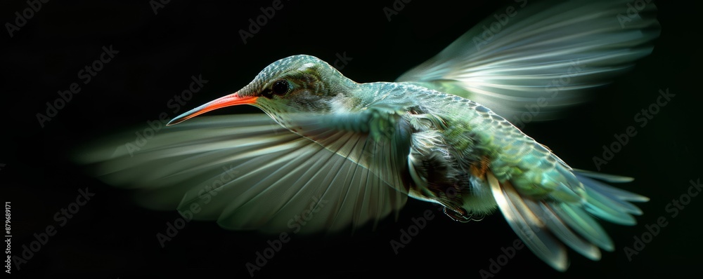 Fototapeta premium A photorealistic image of a hummingbird hovering in mid-air, its wings beating so fast they blur into motion.