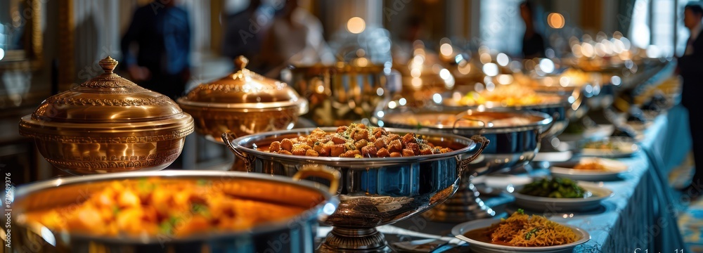 Buffet Table with Golden Serving Dishes and Delicious Food Buffet Table with Golden Serving Dishes and Delicious Food