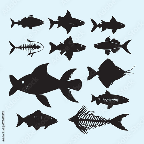 Fish bone line white silhouette icon set Clip art 