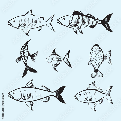 Fish bone line white silhouette icon set Clip art 