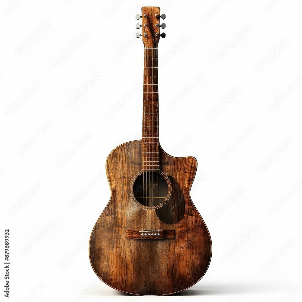 Fototapeta premium Beautiful Wooden Acoustic Guitar with Rich Grain Texture on White Background