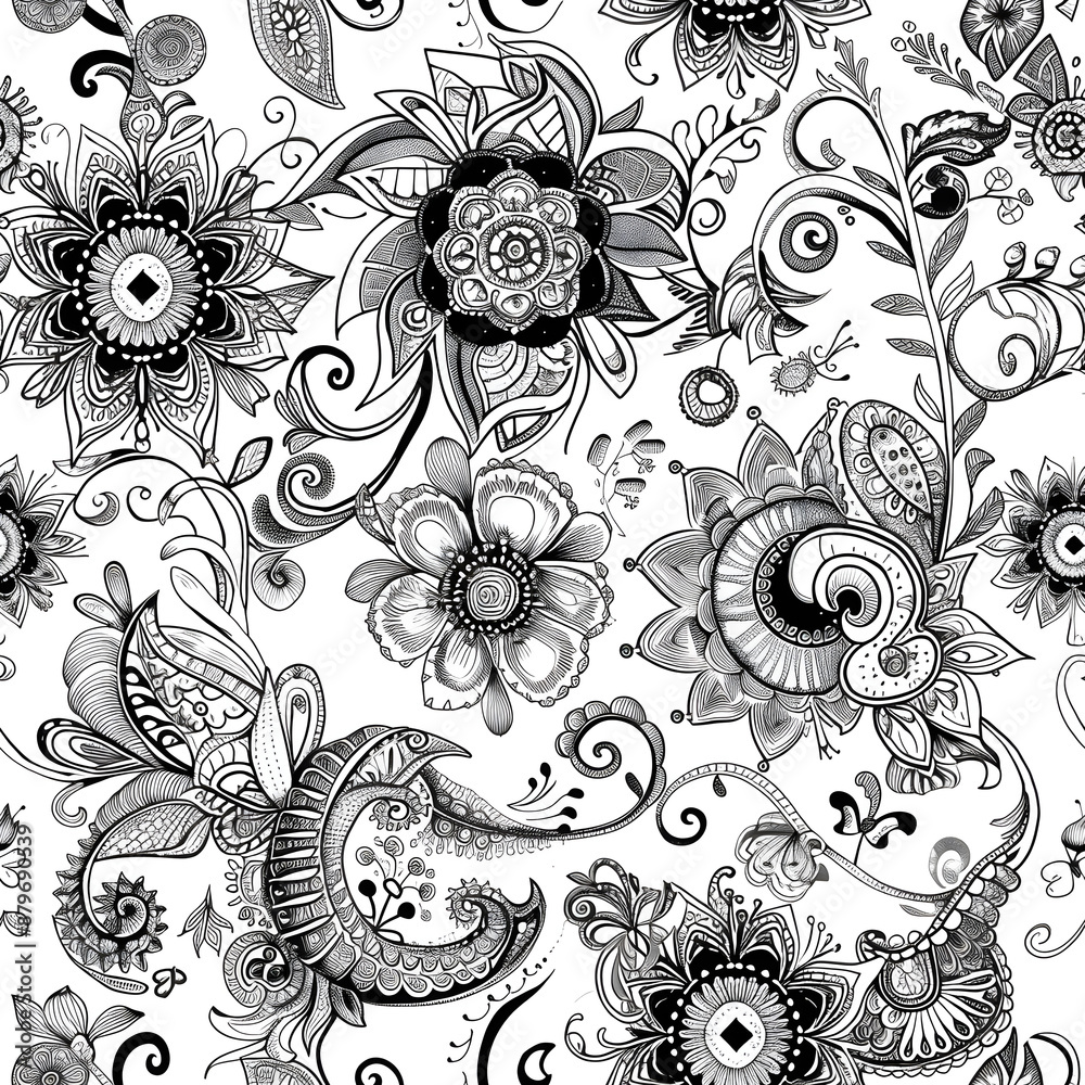 Black and white floral pattern repeating seamlessly on white background Black and white floral pattern repeating seamlessly on white background
