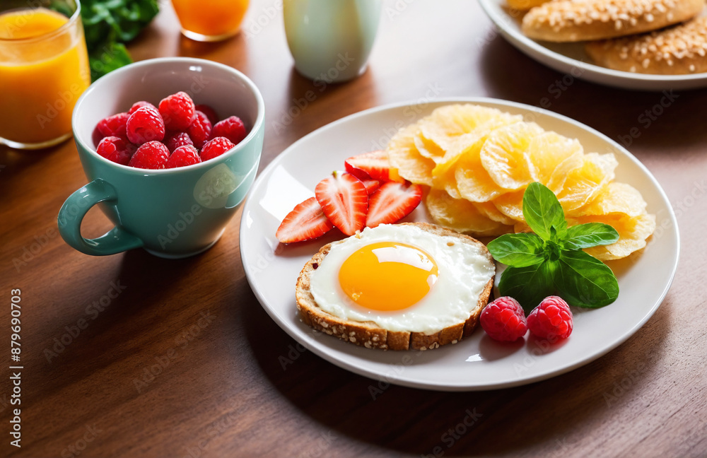 healthy and colourful breakfast served on table with drinks healthy and colourful breakfast served on table with drinks